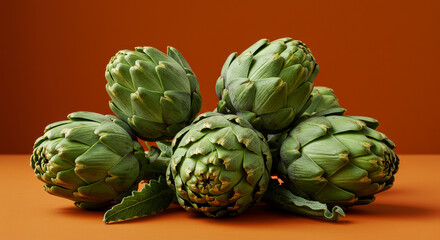 Obraz premium Close Up of a Pile of Fresh Green Artichokes on a Brown Background with Detailed Texture and Natural Light