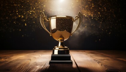 low light image of a trophy on a wooden table with a dark background featuring a glitter overlay