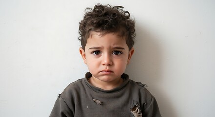 Portrait of a sad little boy with curly hair looking at the camera with a distressed expression face view