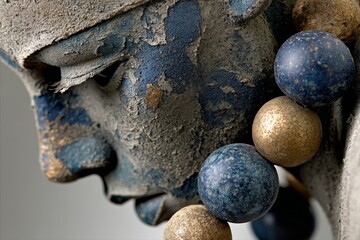 Fototapeta premium Intricate details of a weathered sculpture showcasing blue and gold beads, emphasizing artistry and cultural craftsmanship in a close-up