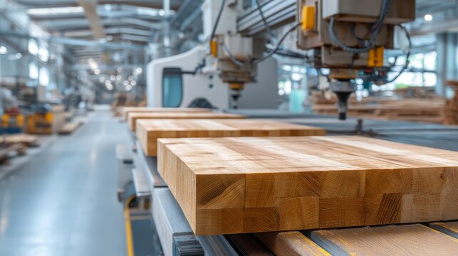 Wood boards on a woodworking machine in a modern furniture factory