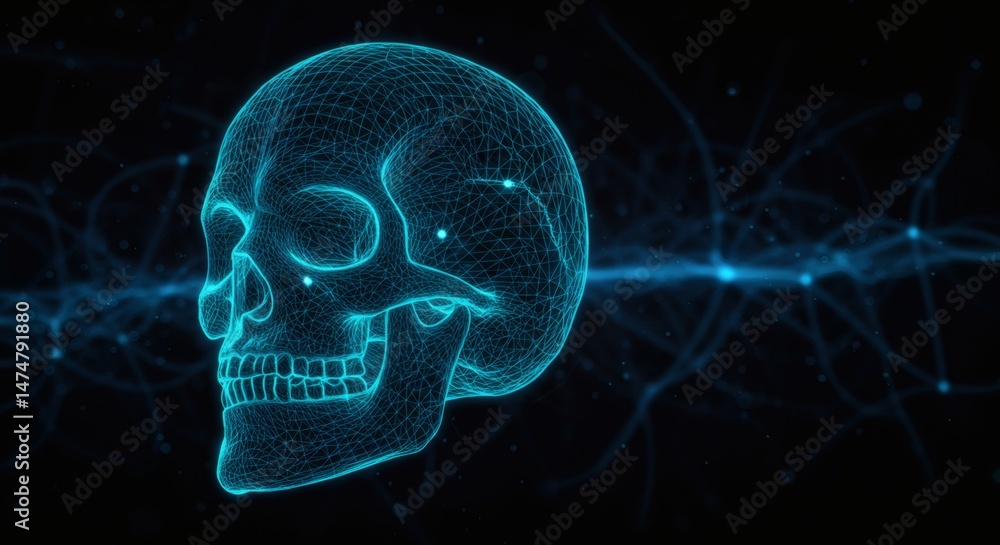 Poster ai image glowing blue digital wireframe of a human skull on a dark background with abstract network 
