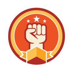 Strong fist raised in solidarity with stars and ribbon elements on a circular badge