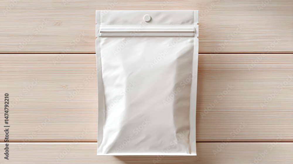 Poster plain white packaging bag is displayed on wooden surface, emphasizing its clean design and versatility for various products. bag features resealable top, making it practical for storage