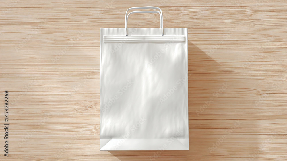 Poster blank white paper bag with handle rests on wooden surface, creating minimalist and clean aesthetic. 