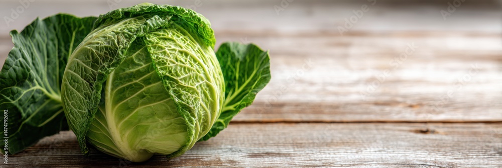 Aufkleber cabbage head with vibrant outer leaves placed on a rustic wooden table in natural light