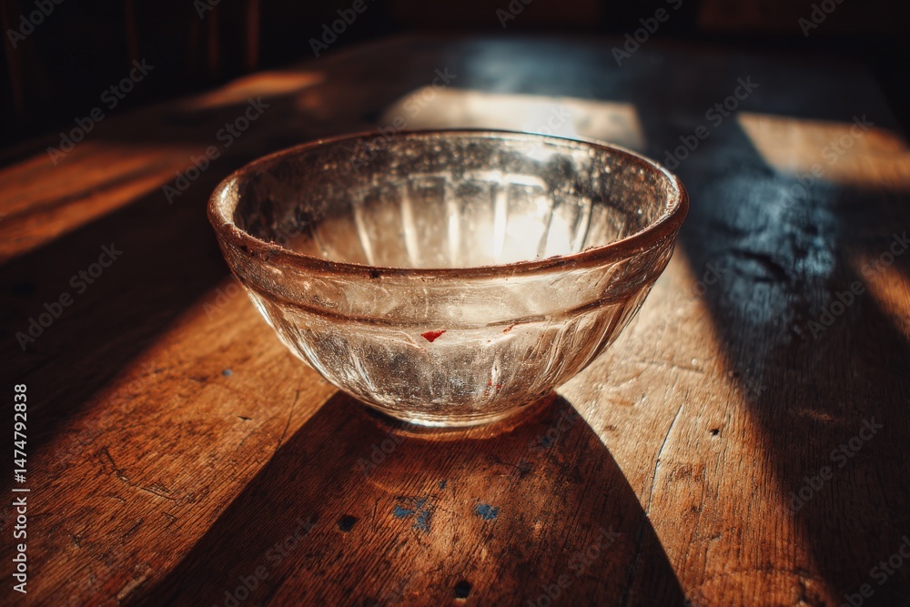 Aufkleber elegant glass bowl resting on wooden surface with warm sunlight creating shadows