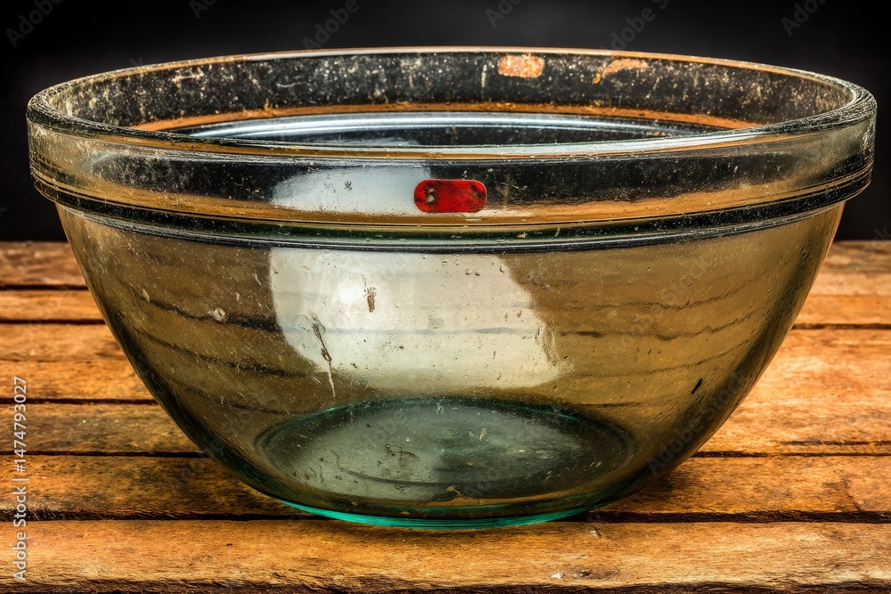 Aufkleber vintage glass bowl resting on a wooden surface with a rustic appearance and faint dust accumulation