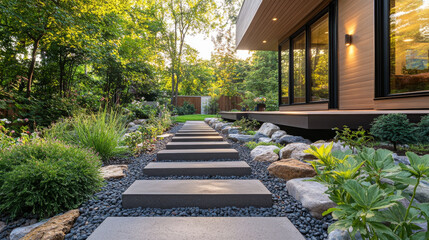 Obraz premium Side path lined with precast steps, paving stones, and gravel leading to a backyard.