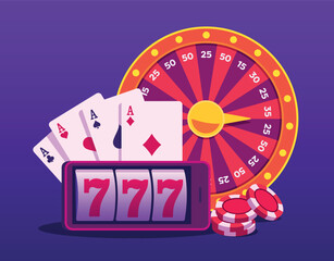 Online casino. Vector illustration on the theme of casino, gambling. Smartphone with jackpot 777, cards, chips, wheel of fortune. Luck, strategy, winning in a modern bright design