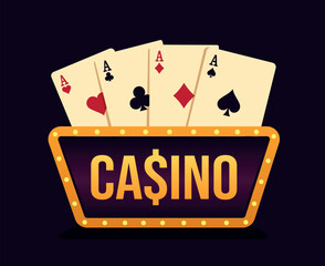 Vector illustration of Casino sign with backlight and four aces on the background. Gambling, betting, poker, luck, winning, games in bright flat design for casino logo and projects