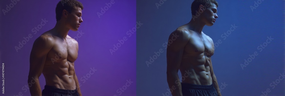 Poster dynamic torso twist showcasing core strength with a gradient sky backdrop in cool tones