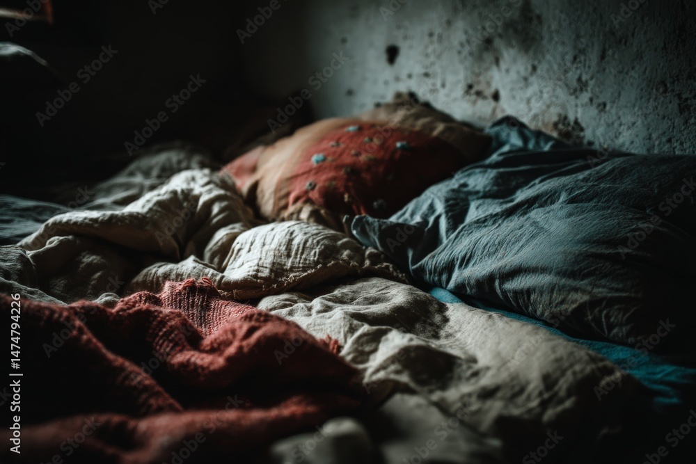 Aufkleber cozy bed with soft pillows and textured blankets in a rustic room during late afternoon light