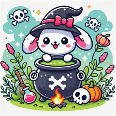 Naklejka premium Cute Rabbit with Cauldron Poison Cartoon Vector Icon Illustration