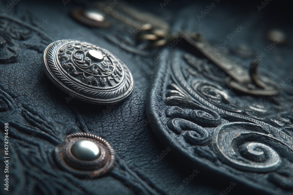 Poster detail of intricately designed leather jacket showcasing ornate buttons and craftsmanship with vinta