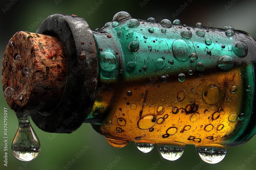 Aufkleber Glass vial containing liquid with bubbles and droplets captured in a close-up setting