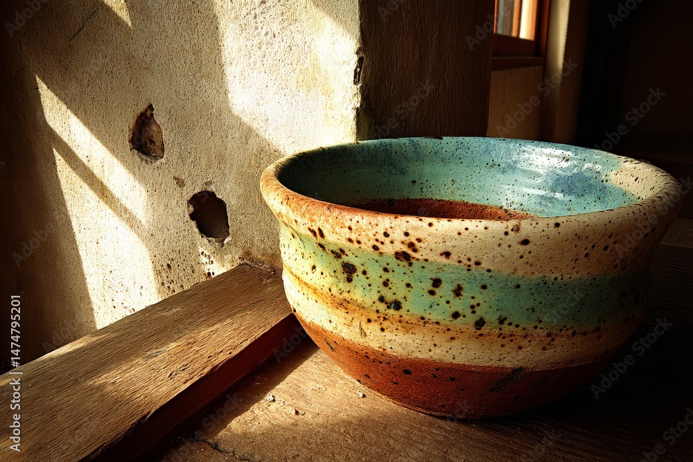 Poster handcrafted ceramic bowl resting by a sunlit window in a rustic interior setting