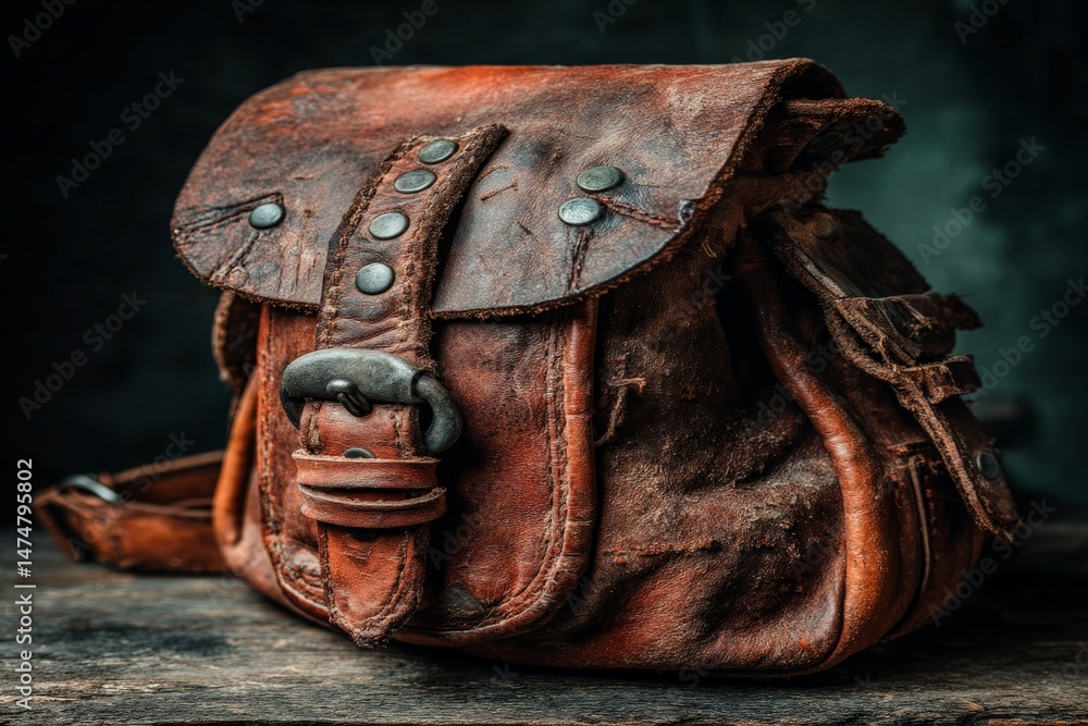 Poster vintage leather satchel with worn detailing placed on rustic wooden surface in a dimly lit setting