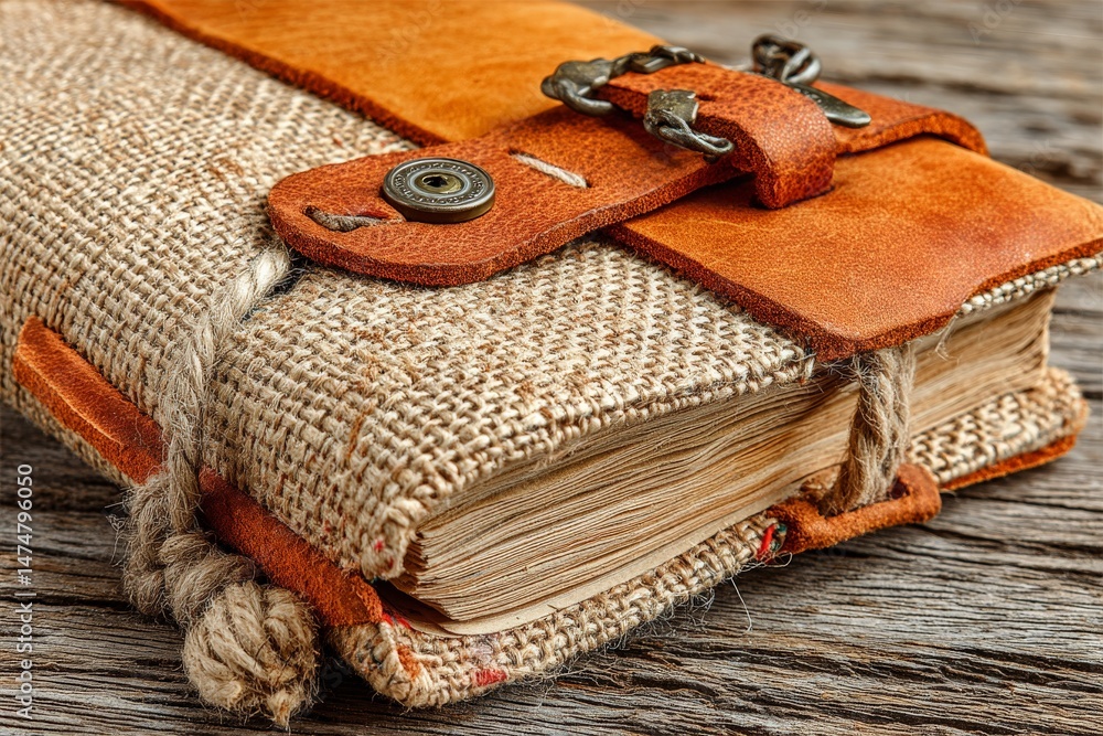 Poster leather bound journal resting on weathered wooden surface showcasing rustic craftsmanship and natura