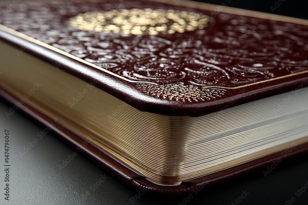 Poster elegant leather-bound book resting on a black surface with intricate embossing and gilded edges disp