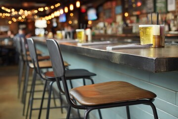 Bar interior with stools and drinks ready for patrons on a lively evening