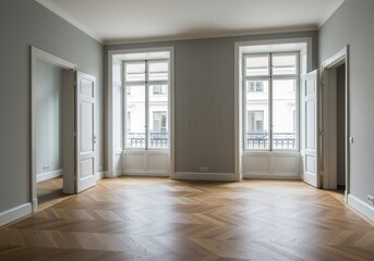 Obraz premium Empty room with parquet floor two windows and open doors in apartment