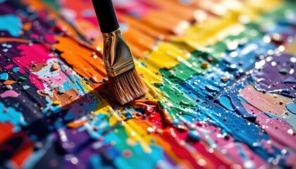 Fototapeta premium a canvas ablaze with vibrant hues, where a brush, dipped in a rainbow of paint, dances across the surface, illuminated by the warm embrace of sunlight.