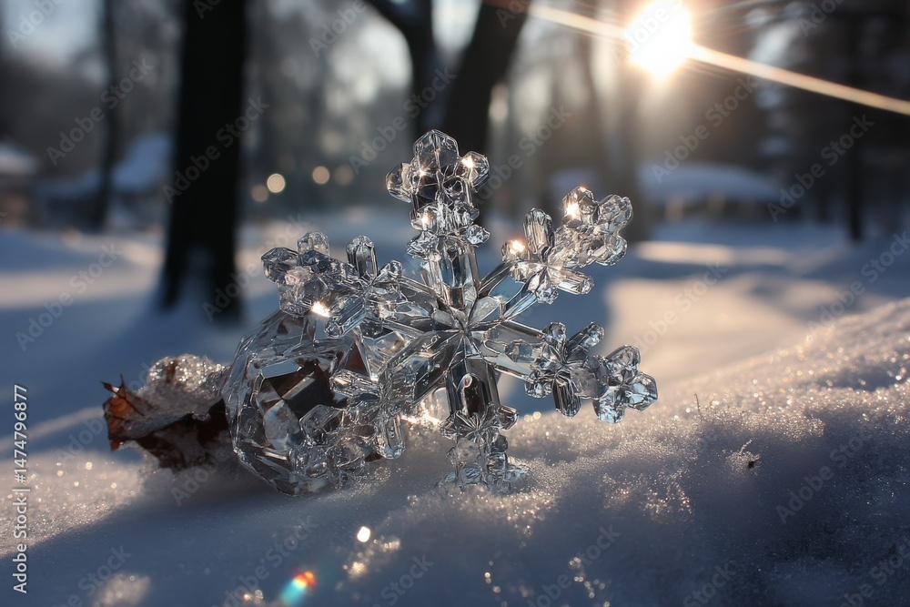 Aufkleber Sparkling crystal snowflake resting on snow with sunlight filtering through trees during winter