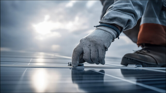 Worker&rsquo;s gloved hand adjusting solar panel fixture under cloudy sky, ideal for renewable energy themes, industrial safety visuals and solar power advertising