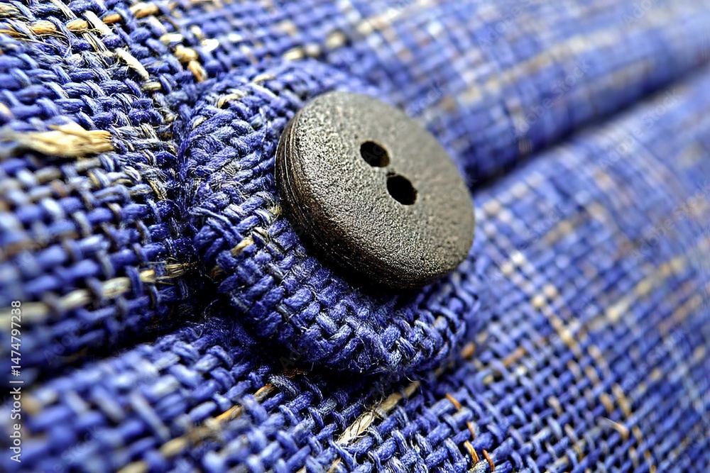 Poster close-up view of a black button on textured blue fabric, highlighting intricate details and craftsma