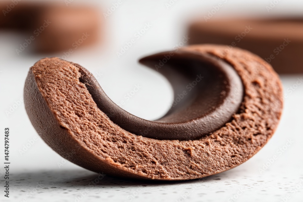 Poster Chocolate treat shaped like a crescent moon displayed on a light surface in a close-up view