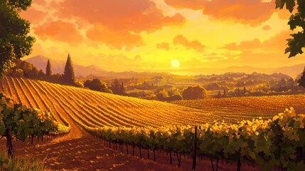 Fototapeta premium Serene sunset over a vineyard landscape with rolling hills, showcasing golden grapevines and distant mountains