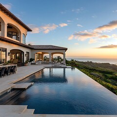 Obraz premium Chic beach residence with modern fire feature high resolution picture