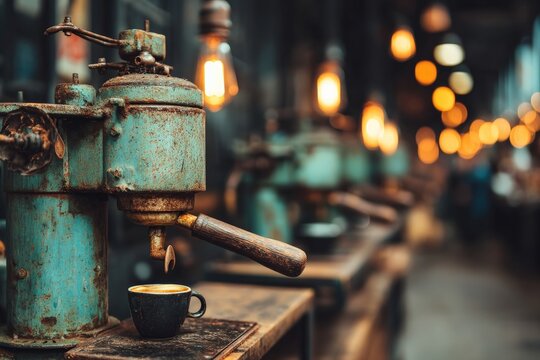 Vintage coffee machine brews espresso in an industrial cafe during evening hours