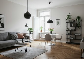 Fototapeta premium Modern living room interior with sofa, round table, and pendant lights