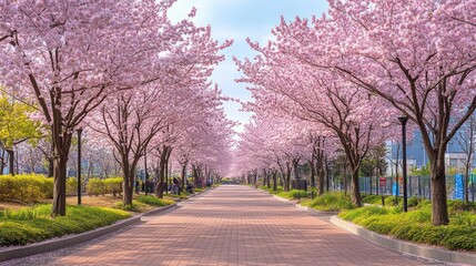 Naklejka premium A serene cherry blossom-lined avenue. Sunlight filters through the pastel pink blossoms, illuminating a paved path, leading into a vibrant park. Gentle breezes rustle through the blossoming trees