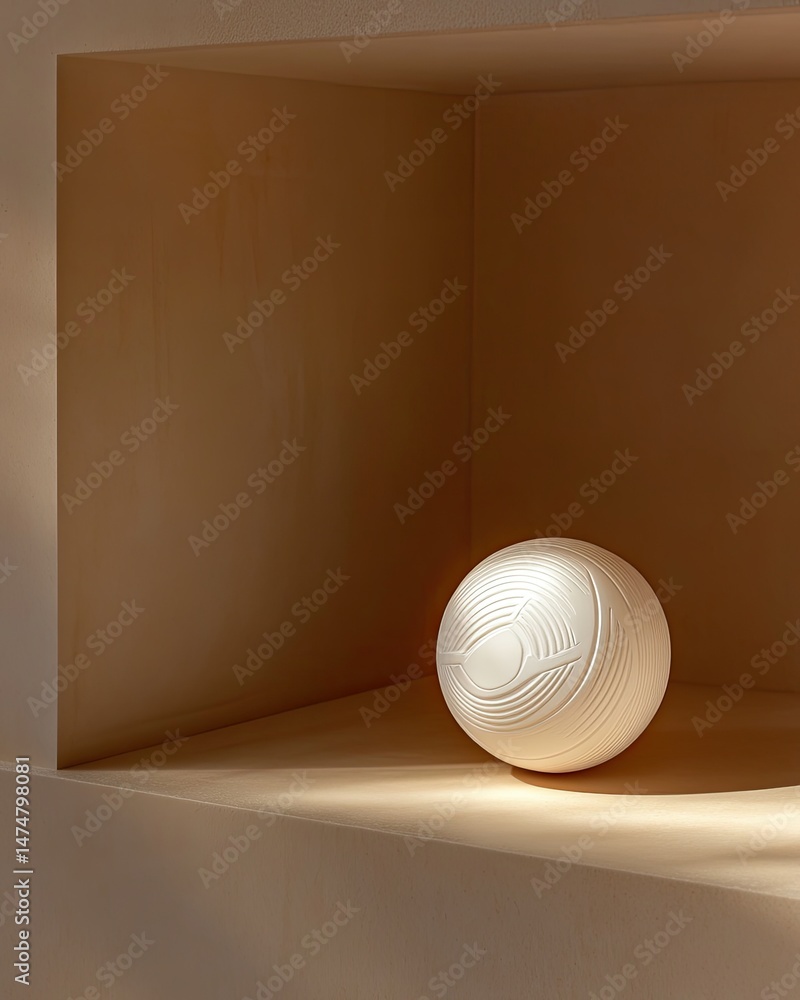 Poster a subtly textured off-white sphere rests within a light beige, recessed cubby. the sphere is illumin