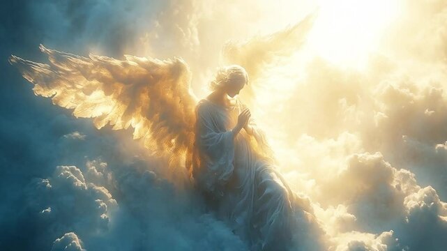 Angel in the clouds, with open wings, light shining from head and body