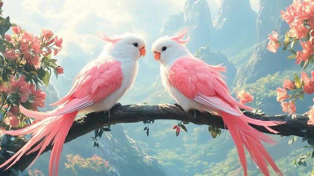 Macaws perched on a branch in bright sunlight