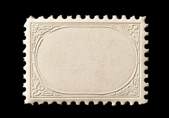 Vintage blank postage stamp, light beige, intricate border.  Detailed, textured paper, oval center