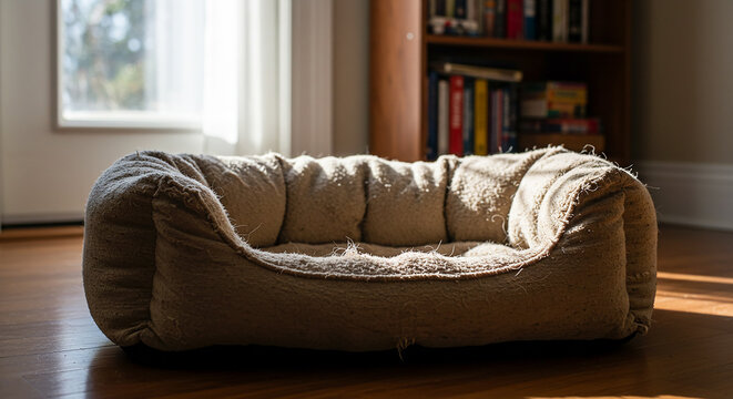 Empty dog bed waiting in sunlit room by bookshelf