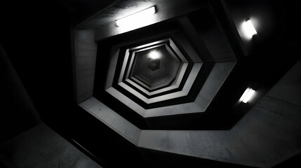 Hexagonal staircase spirals upwards in dark lit interior space