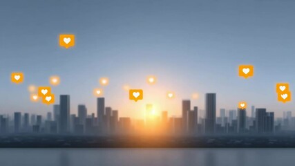 Cityscape of Hearts: A panoramic cityscape at sunrise, overlaid with numerous heart icons, symbolizing connection, community, and positive energy in an urban environment. - Powered by Adobe