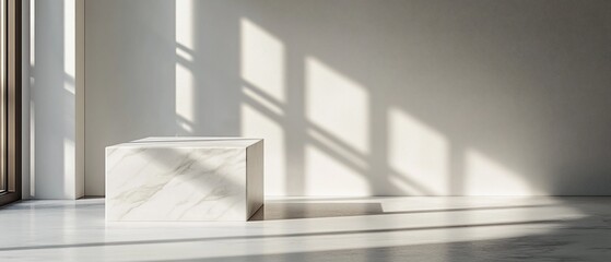 Fototapeta premium Minimalist cube. Sunlight on a white wall and reflective floor