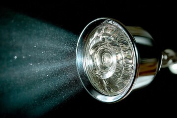 Bright beam of light illuminating dust particles in dark environment during nighttime exploration