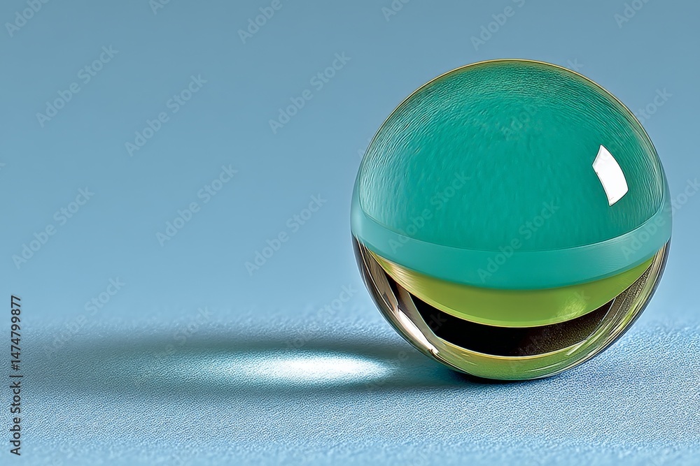 Poster colorful glass sphere with reflection and shadow on a smooth blue surface during daytime