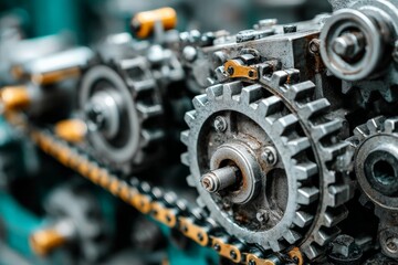 Fototapeta premium Detailed view of metallic gears and chains in machinery during a routine industrial inspection