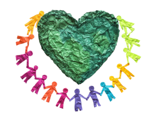 Colorful Paper People Circle a Crumpled Heart, Symbolizing Unity and Affection