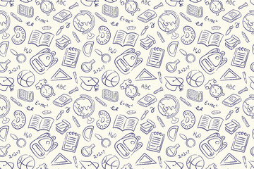 Seamless back to school pattern with doodle style book, globe, pencil, backpack and other education elements. DEsign for package, background. © Iryna