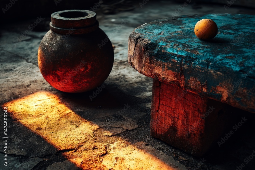 Leinwandbilder Sunlight illuminates a rustic setting with an orange fruit, clay pot, and textured table in a dimly lit room